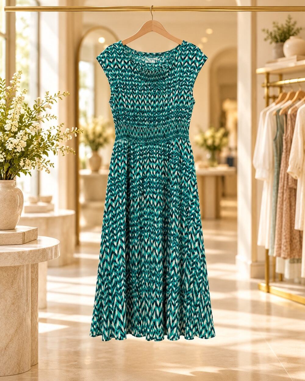Maeve Anthropologie Evaline Green Geometric Smocked Dress Pockets Size S Casual